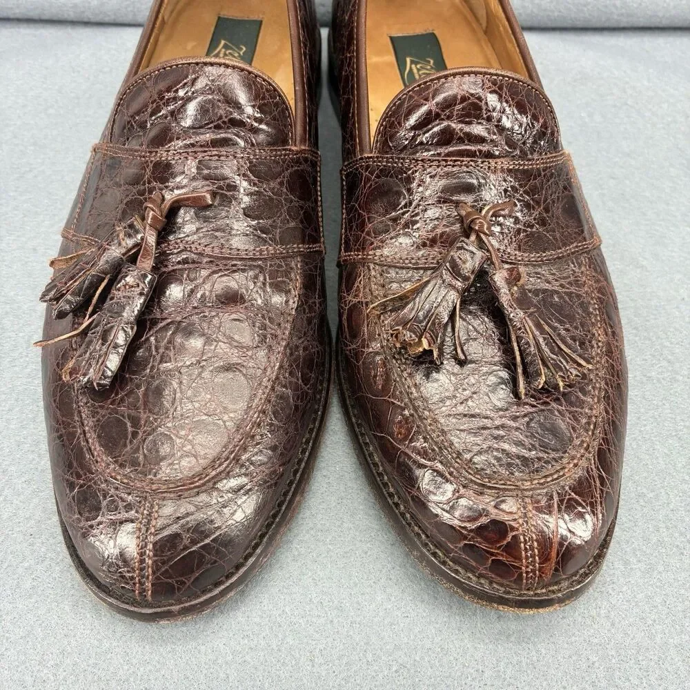 Zelli Genuine Crocodile Tassel Loafers Men’s 9.5M Brown Handmade Italy